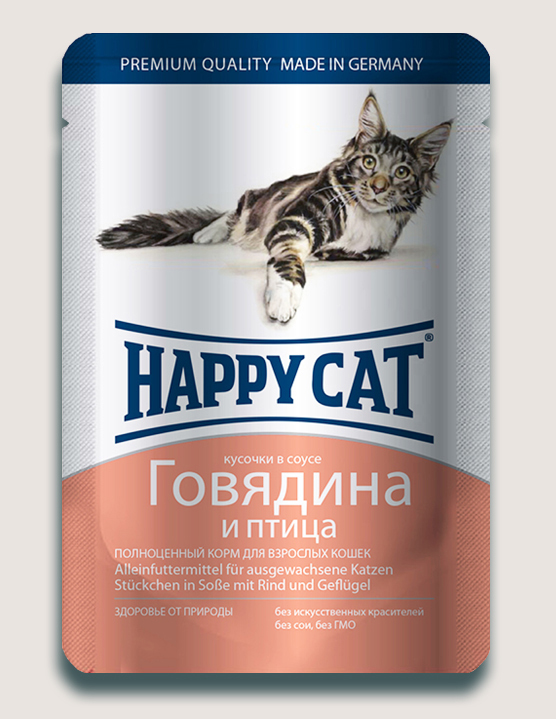 Image влажный корм для кошек Happy Cat нежные кусочки в соусе пауч, говядина и птица 0,1 кг