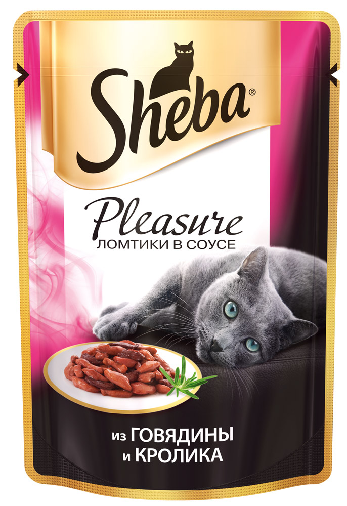 Image влажный корм для кошек Sheba Pleasure говядина с кроликом в соусе пауч 0,085 кг