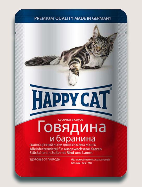 Image влажный корм для кошек Happy Cat нежные кусочки в соусе пауч, говядина и баранина 0,1 кг