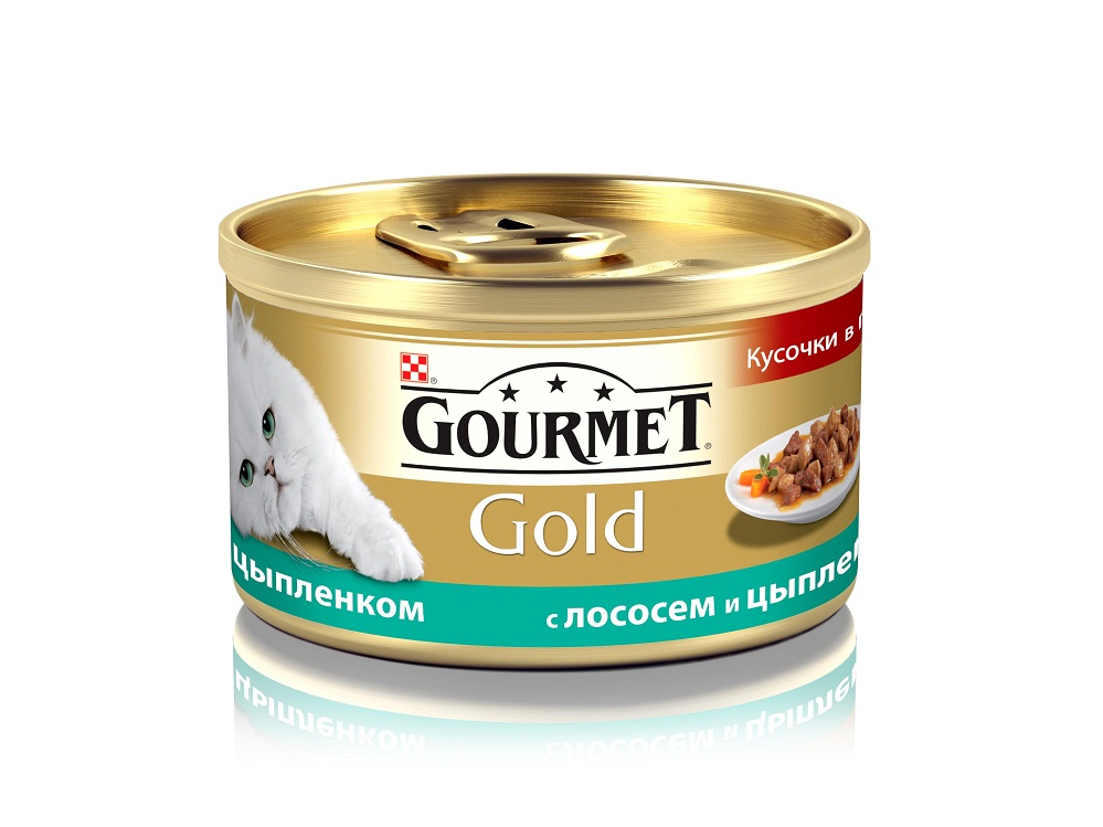 Image влажный корм для кошек Gourmet Gold кусочки в подливе с лососем и цыпленком для 0,085 кг