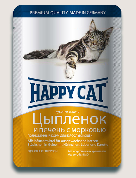 Image влажный корм для кошек Happy Cat нежные кусочки в желе пауч, цыпленок и печень 0,1 кг