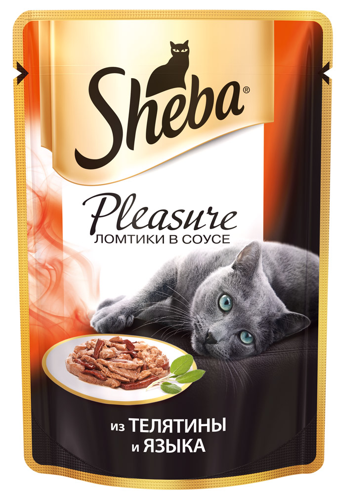 Image влажный корм для кошек Sheba Pleasure телятина с языком в соусе пауч 0,085 кг