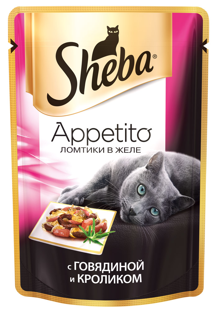 Image влажный корм для кошек Sheba Appetito говядина с кроликом в желе пауч 0,085 кг