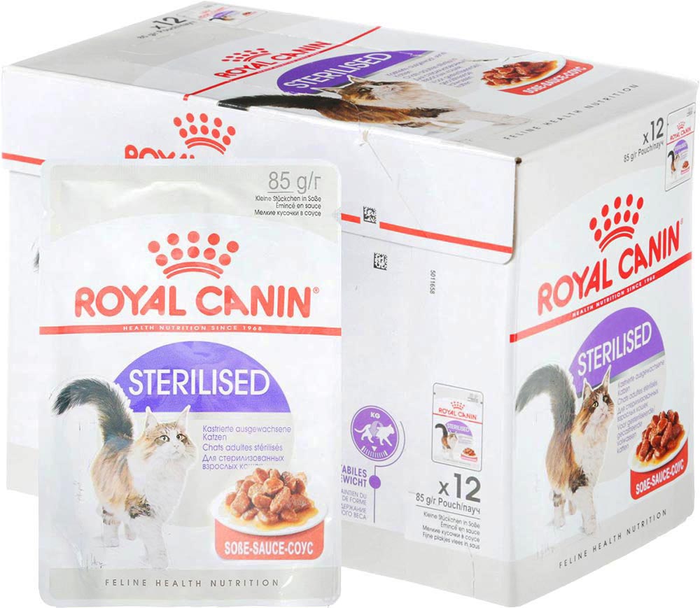 Royal canin кусочки в соусе. Роял Канин пауч для стерилизованных кошек. Роял Канин для кошек стерилизованных влажный в соусе. Роял Канин Стерилайзд пауч соус. Роял Канин 85гр.