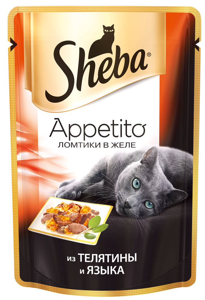 Image влажный корм для кошек Sheba Appetito телятина и язык в желе пауч 0,085 кг