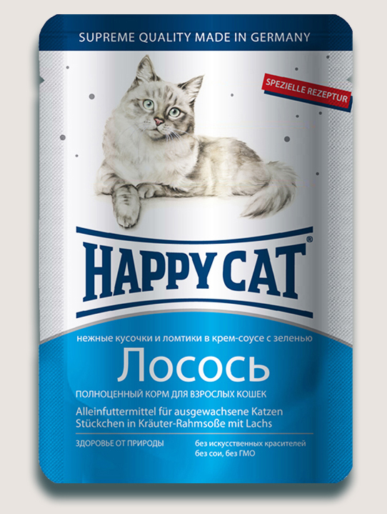 Image влажный корм для кошек Happy Cat нежные кусочки в соусе пауч, лосось ломтики 0,1 кг