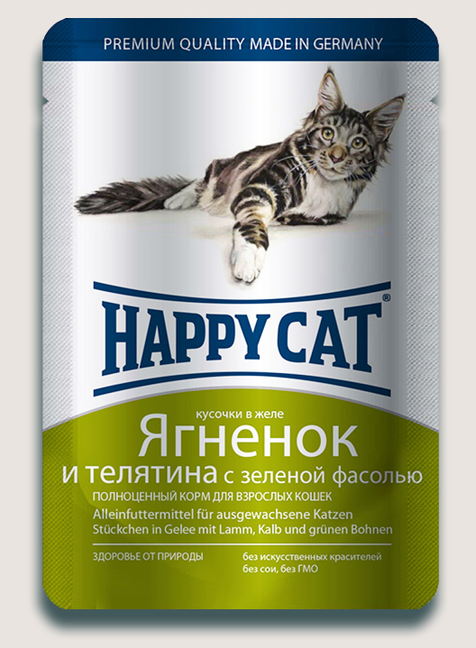 Image влажный корм для кошек Happy Cat нежные кусочки в желе пауч, ягненок и телятина 0,1 кг