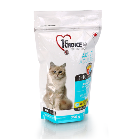 Image 1st Choice Healthy Skin & Coat Гипоаллергенный сухой корм для взрослых кошек с чувствительной кожей и шерстью (с лососем), 350 гр