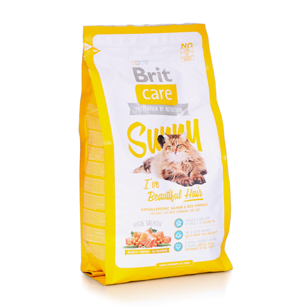 Image brit Care Cat Sunny Beautiful Hair Сухой корм для взрослых длинношерстных кошек (с лососем и курицей), 2 кг