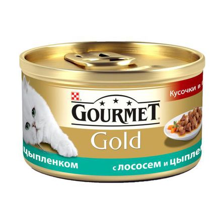 Image gourmet Gold Кусочки мясного филе в подливе для взрослых кошек (с лососем и цыпленком), 85 гр