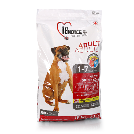 Image 1st Choice Adult Sensitive Skin&Coat Сухой корм для взрослых собак всех пород с чувствительной кожей и шерстью (с ягнёнком, рыбой и рисом), 15 кг
