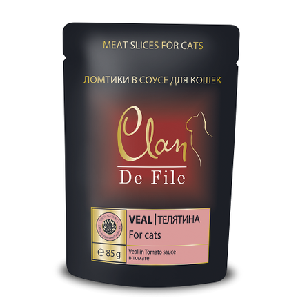 Image clan De File Кусочки в соусе для взрослых кошек (с телятиной в томатном соусе), 85 гр