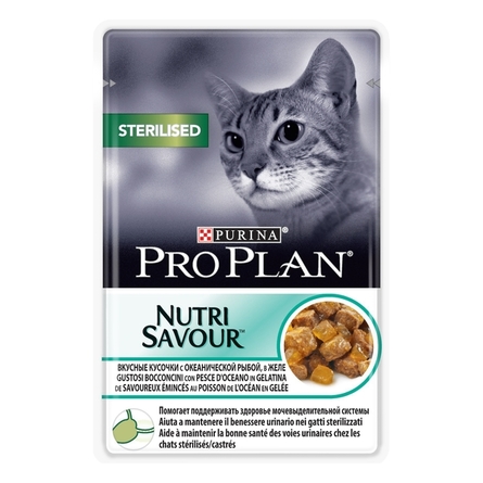 Image pro Plan NutriSavour Sterilised Кусочки паштета в желе для взрослых кастрированных котов и стерилизованных кошек (с океанической рыбой), 85 гр